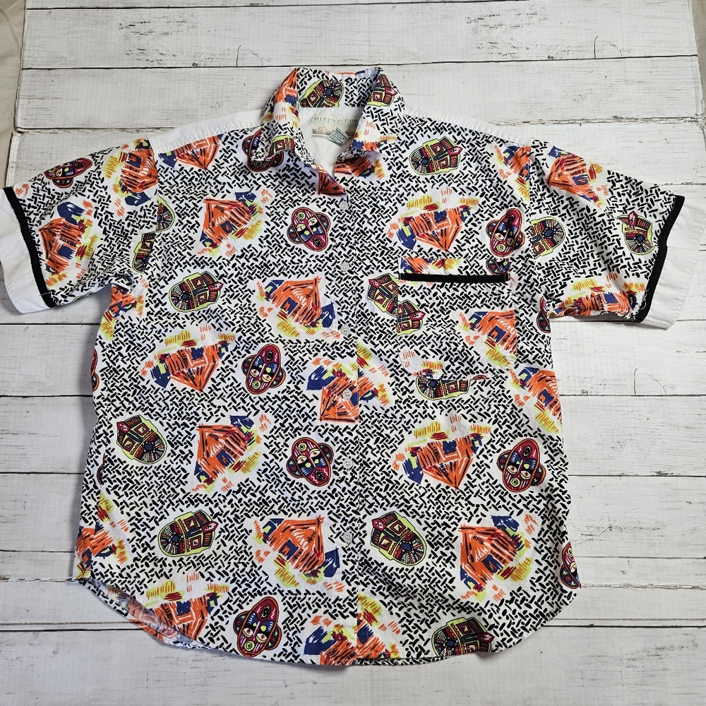 Vintage Mixed Blues Button Up Size Medium Geometric And Tribal Themes